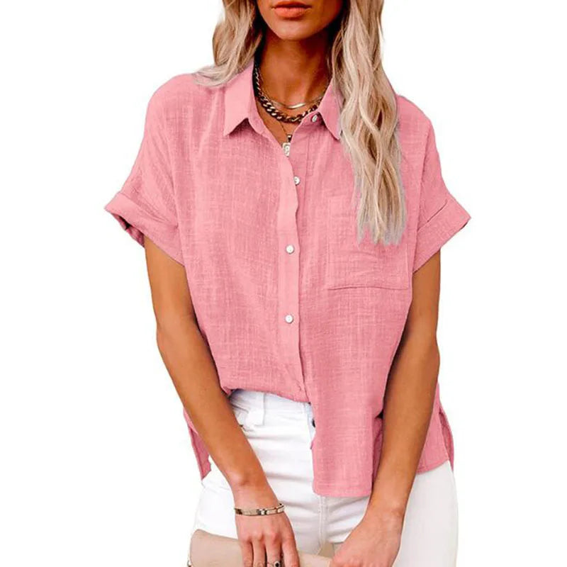 Casual Solid Short Sleeve Linen Loose Blouse Vintage Harajuku Oversized Shirt Elegant Tunic Breathable Turn-down Collar Women