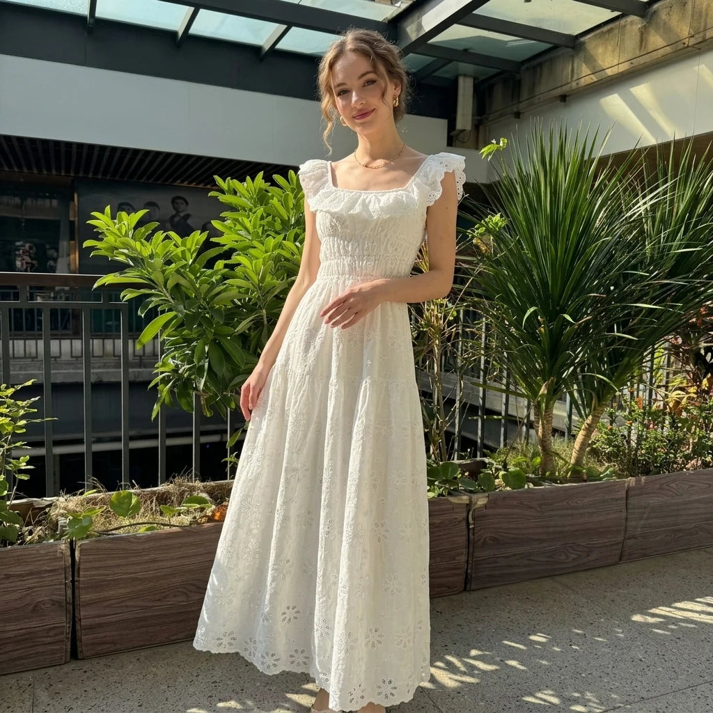 Bohemian Vacation Square Collar Tight Waist Slimming Sense of Design Cut-out Ruffled Dress Casual Tank Lace Casual Dresses