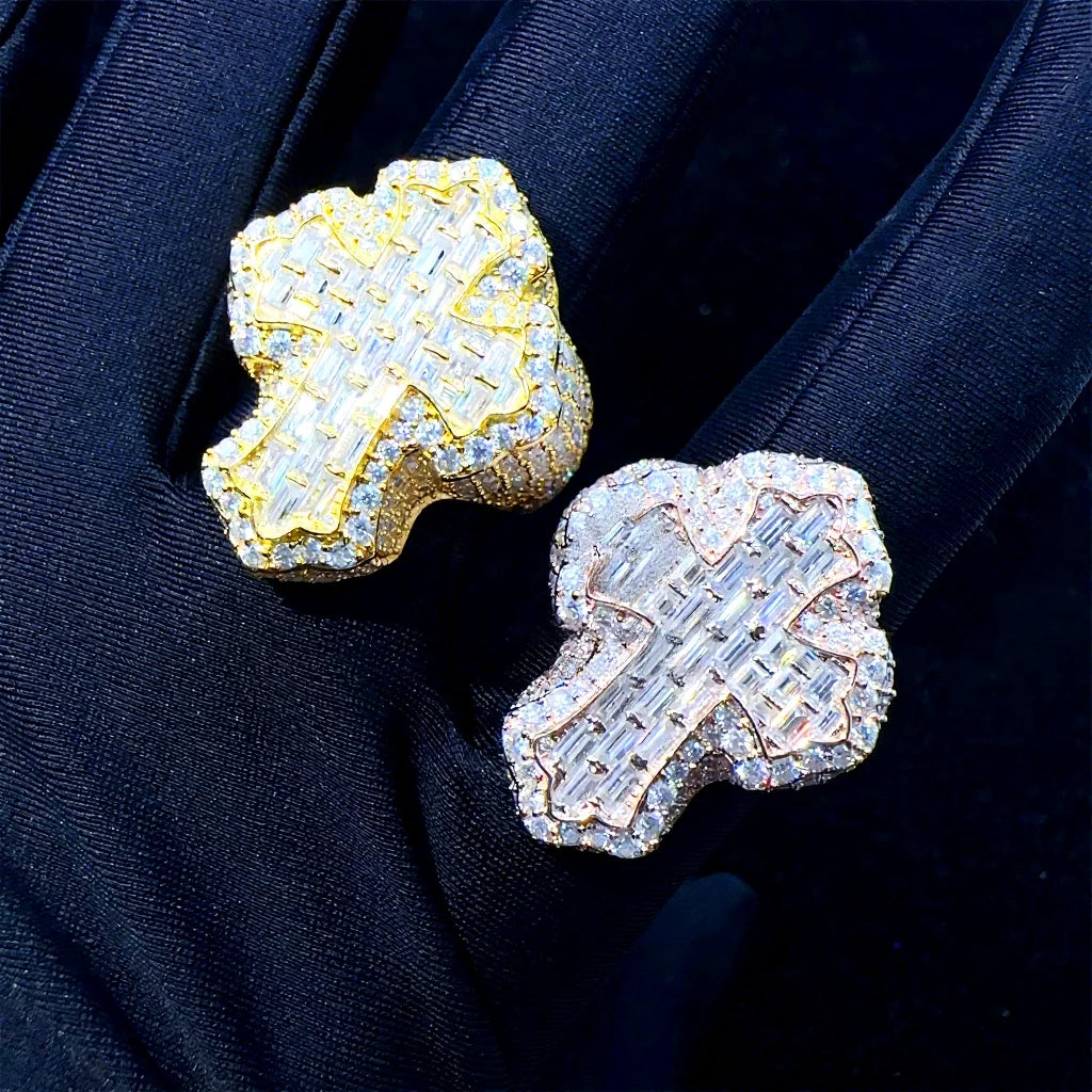 New Design  925 Silver  Pass Diamond Tester VVS1 Baguette Moissanite Iced Out Hip Hop Cross Shape Man Ring