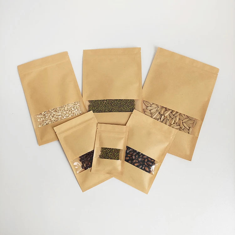 Kraft Paper Sachet 3 Side Seal Brown Kraft Paper Zip Lock Heat Seal Flat Envelope Packaging Bags With Window