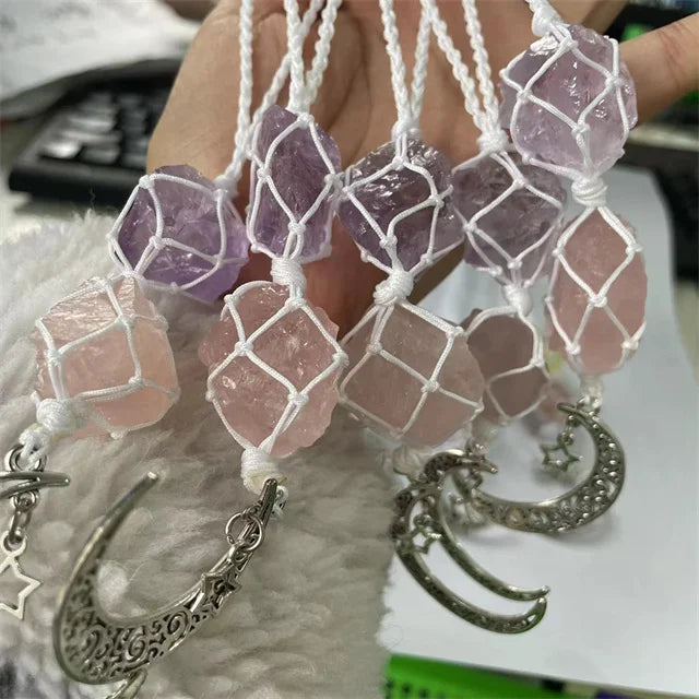 Feng Shui Chakra Car Decoration Raw Crystal Crafts Macrame Hangers Amethyst Pink Rose Quartz Aventurine Gemstone for Sale