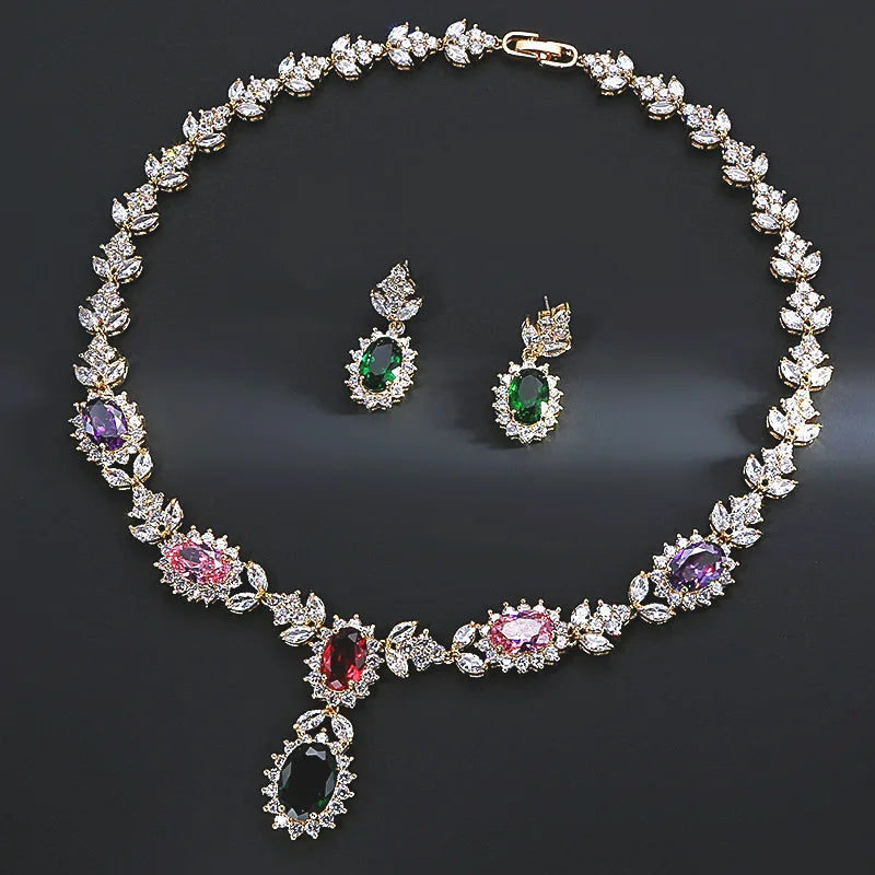 Jachon Women Wedding Jewelry Necklace Earrings Set Bridal Zircon Crystal Necklace for Girls