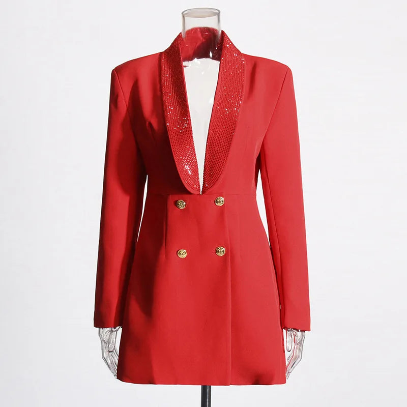 Yujie Feng Heavy Industry's 2025 Women's Blazer Deep V-Neck Waist Slimming Suit Jacket Double Breasted Crystal Hot Stamping