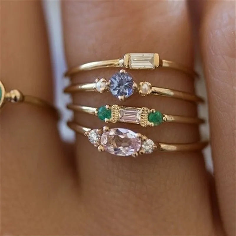 2024 New Trend Gold Plated Emerald Rings Simple Rhinestone Rings 4PCS Set for Women