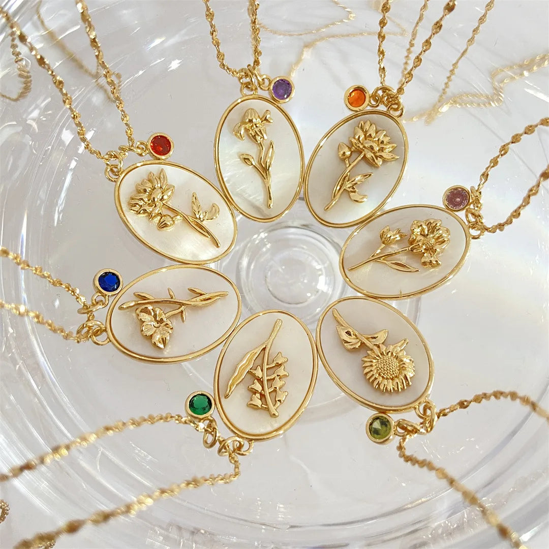 Wholesale White Shell Oval Flower Necklace Gold Plated Brass Birthstone Birth Flower Charms Necklace for Women and Girls