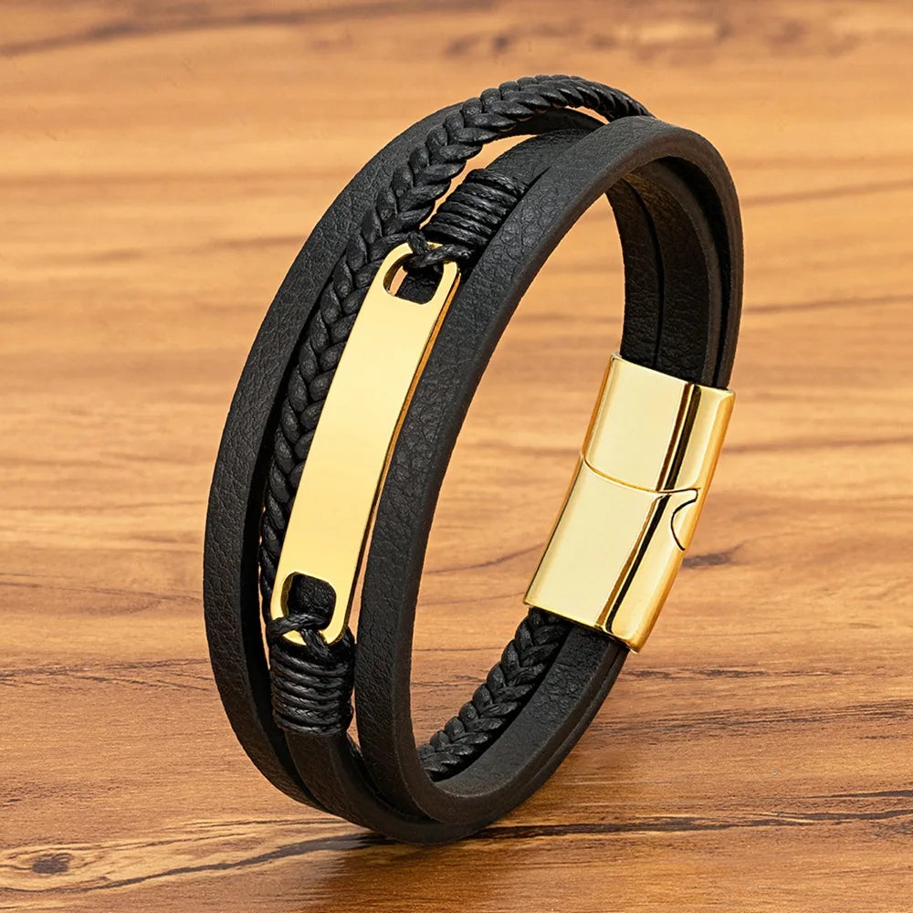 European and American Trendy Men's Black Stainless Steel Magnetic Buckle Leather Bracelet Multi-layer Men's Woven Belt OT-310