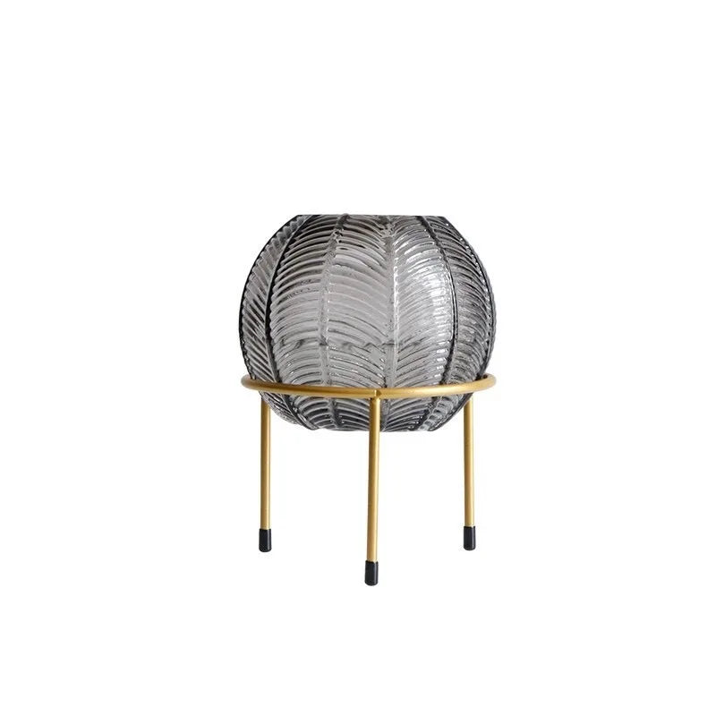 Wholesale Nordic Style Embossed Leaf Pattern Home Decor Glass Vase  with Gold Metal Stand