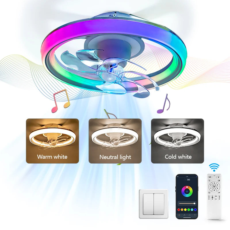 RGBW 3CCT Dimmable LED Ceiling Fan Chandelier – App & Remote Control, 6-Speed Reversible Motor – EU Local Stock