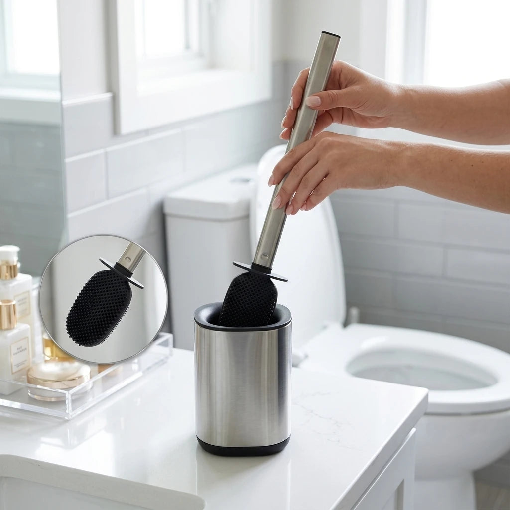 Silicone Double Side Brush with Holder Stainless Steel Holder Stainless Steel Handle Flat Toilet Brush and Container
