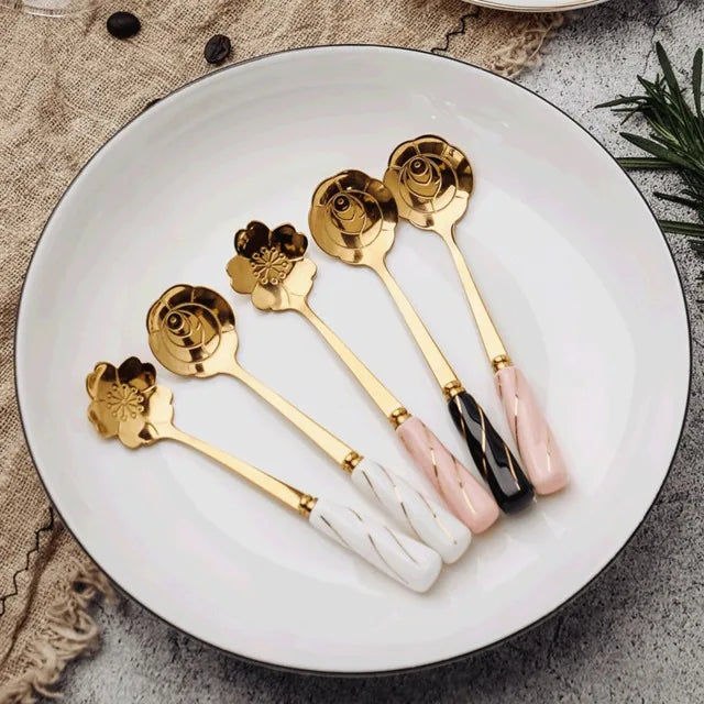Stainless Steel Ceramic Handle Gold Wire Flower Spoon Creative Gold Plated Spoon Dessert Coffee Spoon