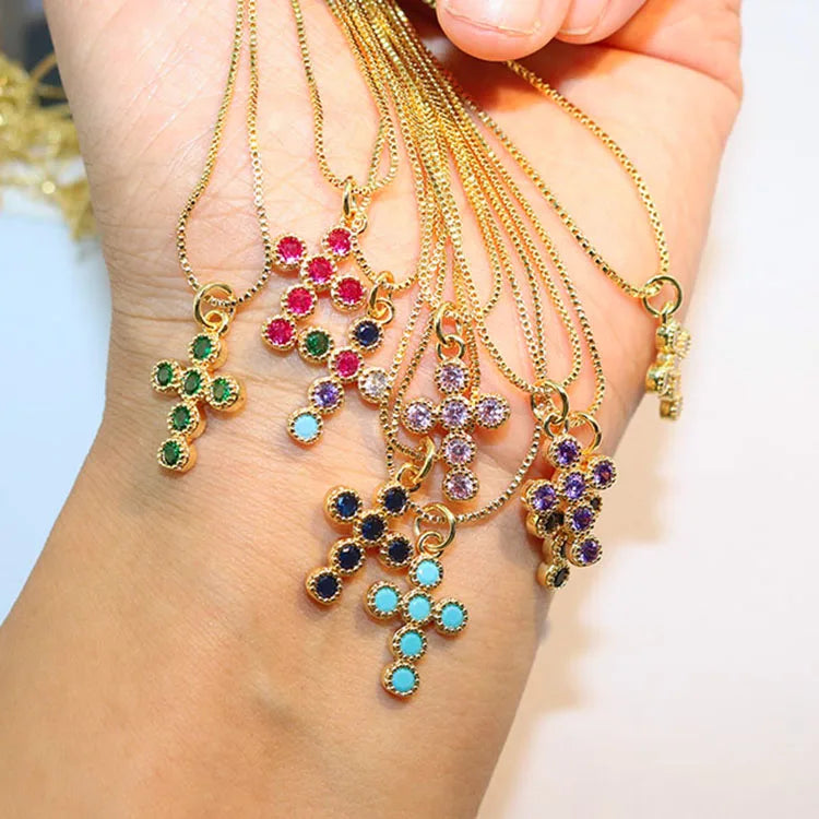 NZ1542 Mini Tiny Small Mini 18K Gold Multi Colored Diamond Cubic Zirconia CZ Cross Chain Necklace Religion Religious Jewelry