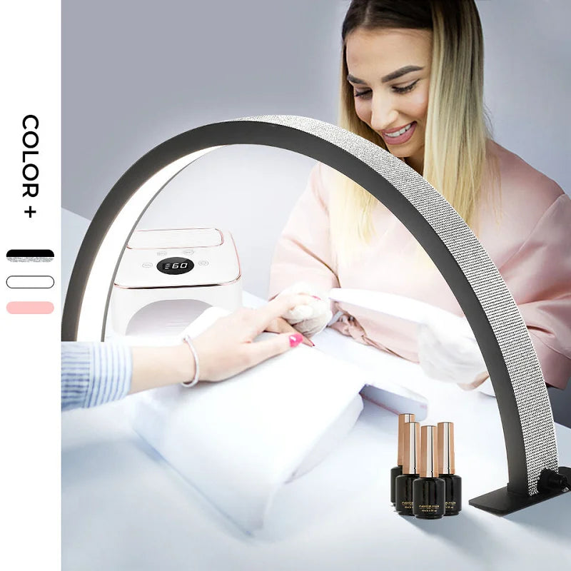 30w Manicure Glitter Half Moon Ring pink Led Desk Stand Beauty Light with Bling Rhinestones Diamonds for Nail Table
