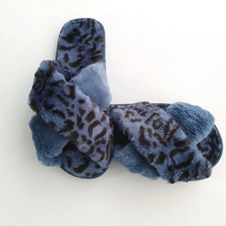Women's Anti-Slip Indoor Fluffy Fur for Slippers Comfy Leopard Print Slides for Winter Cozy Bedroom Warm Embroidered Wholesale MegaBDM