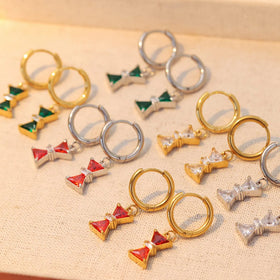 Luxury Gold Plated Stainless Steel Earrings Ladies Occidental Style Bowknot Zircon Hoop Earrings for Women Jewelry Party Gift
