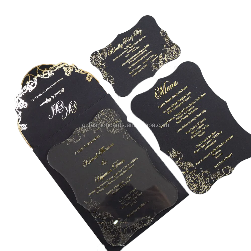 Acrylic Wedding Invitation Cards Custom Vellum Jacket Design and Customize Black Acrylic Invitation Cards With Reply Cards
