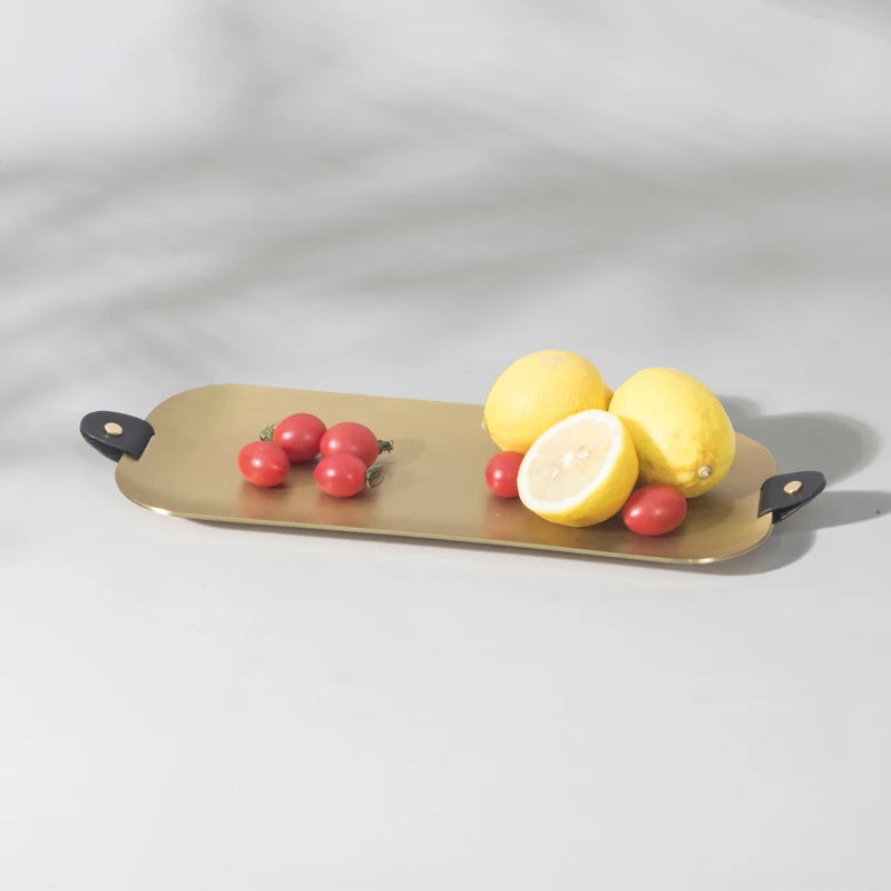 Wholesale Newest Design Gold Polished Metal Dessert Serving Tray with Leather Handles Fast Food Dessert Tray