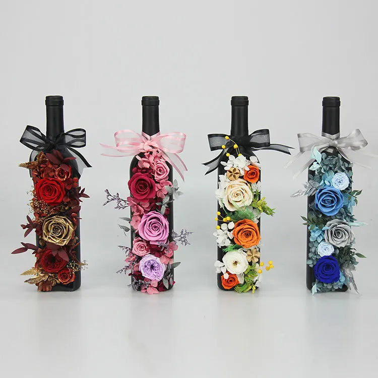 G93 Wine Cabinet Decoration Eternal Everlasting Rose Flower Box Arrangement Preserved Rose in Glass Wine Bottle