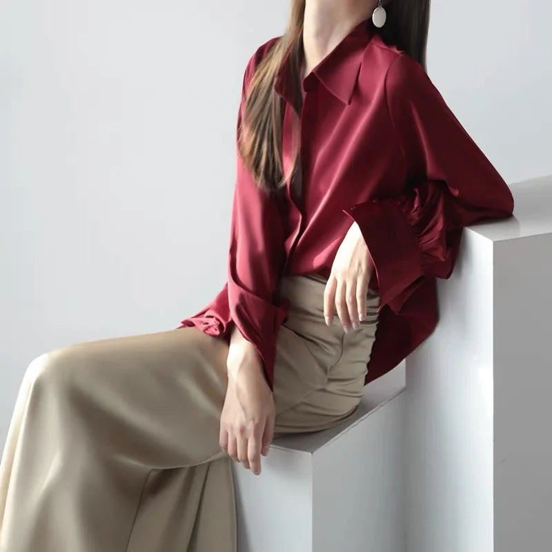 Women's Vintage Style Satin Blouse Long Sleeve V-Neck Button Tops Pleated Twill Printed Logo Casual Office Work Spring/Summer
