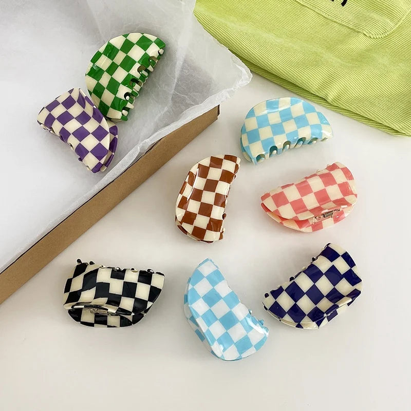 Women Vintage Big Colorful Checker Hair Clamp Checker Acrylic Check Acetate Hair Claws Clips Half Moon Claw Clip for Thick Hair