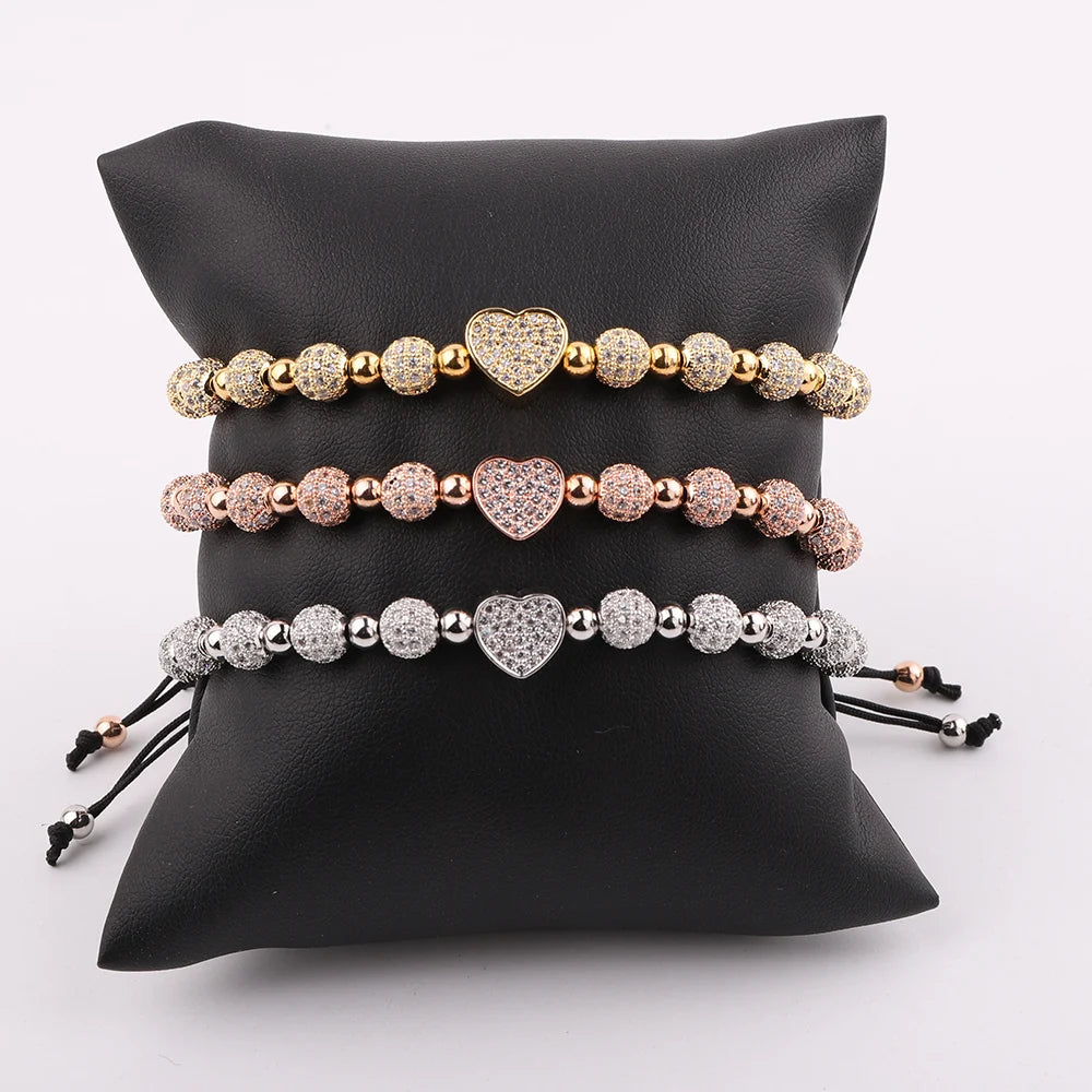 New Cute Design CZ Pave Heart Luxury Disco Ball Woven Macrame Adjustable Bracelet
