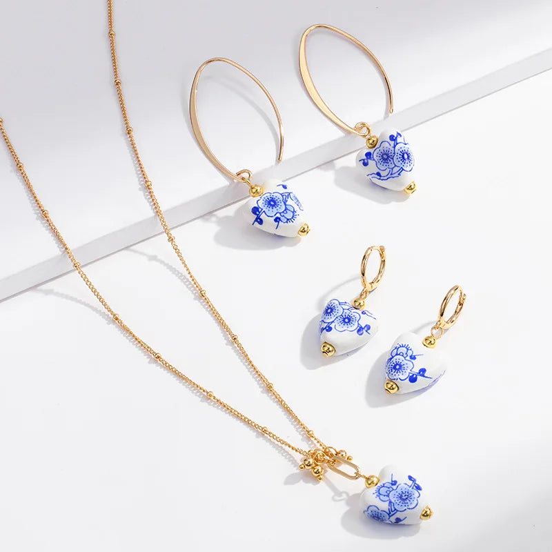 Summer Fashion Luxury Ceramic Bead Heart Charms Hoop Pendant Earrings Necklace Jewelry Sets Blue and White Porcelain Jewelry Set