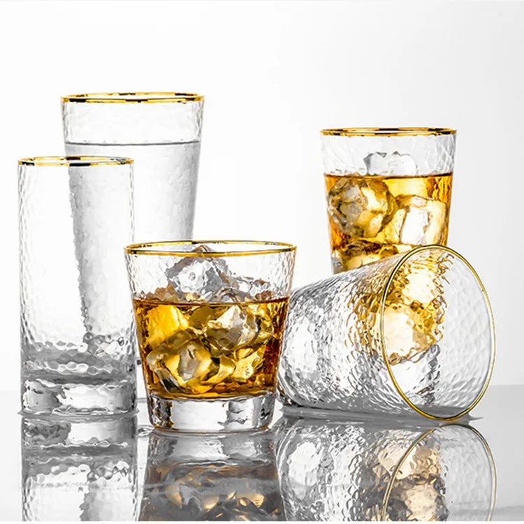 Manufacturer Custom Logo Gold Rim Hammered Clear Highball Water Glass Tumbler Cups