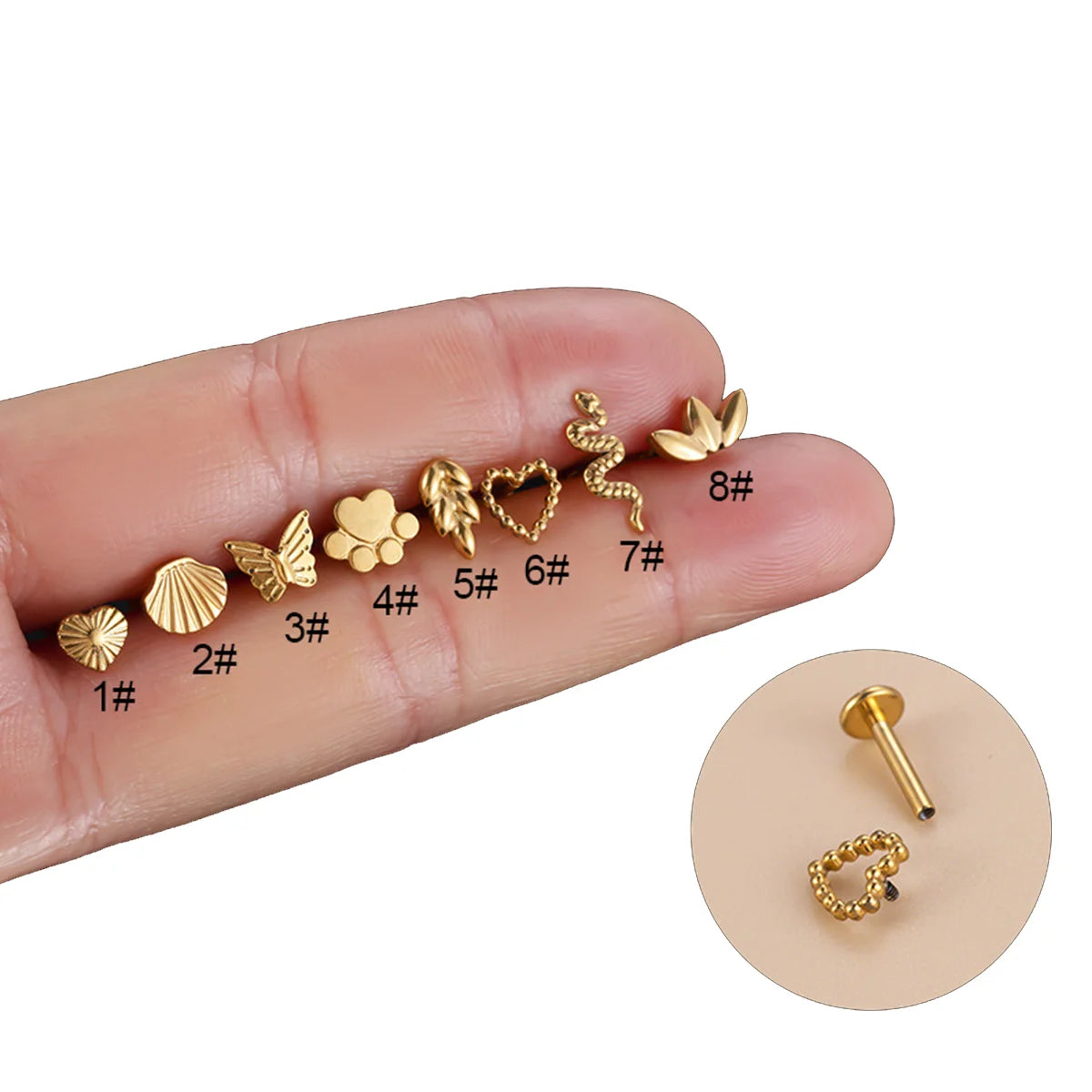 Stainless Steel 18K Gold Plated Earring Classic Cartilage Lip Ring Zircon Flat Back Heart Snake Shape Piercing Jewelry Studs