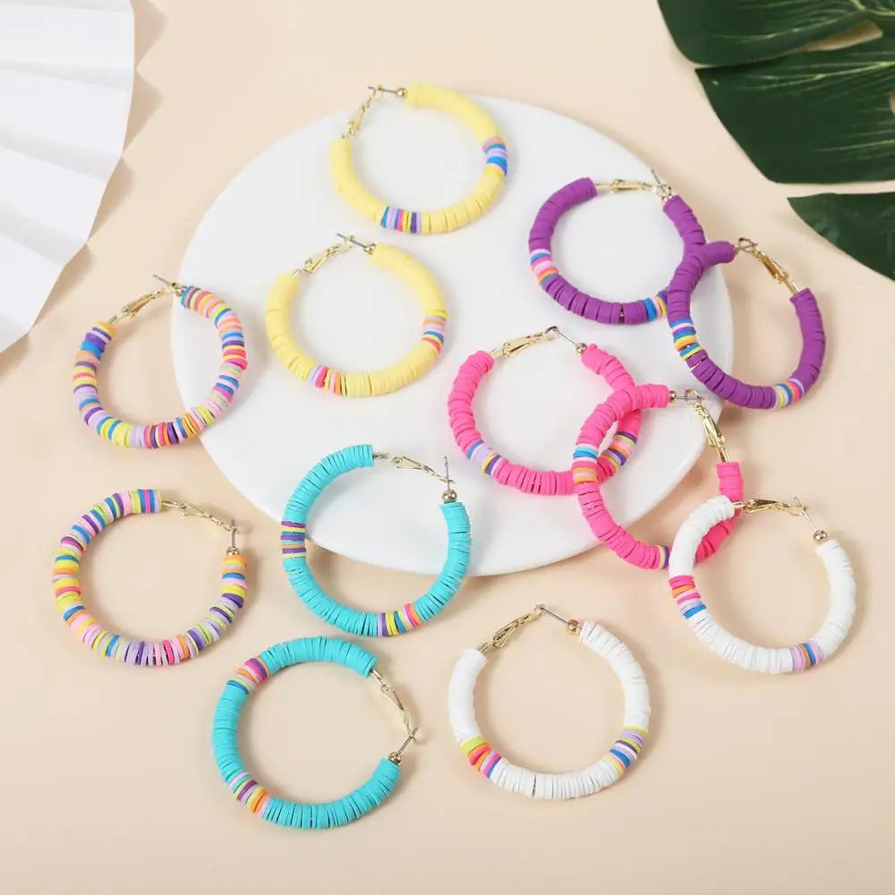 HOVANCI Bohemian Striped Color Polymer Clay Beaded 50mm C Shape Hoop Earrings Colorful Polymer Clay Hoop Earrings MegaBDM