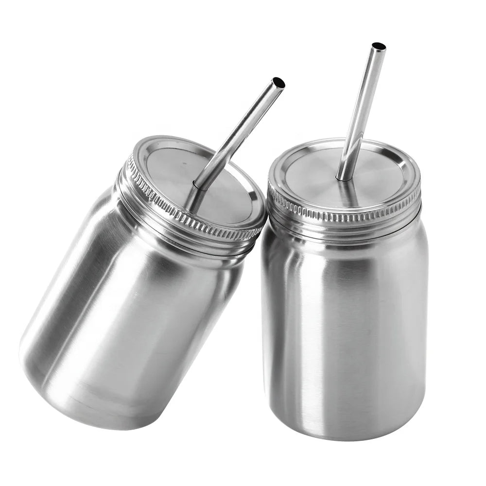 Online Double Layer Metal Mug 500ml Stainless Steel Straw Bar Drinking Tea Coffee Beer Cups Juice Cup With Handle
