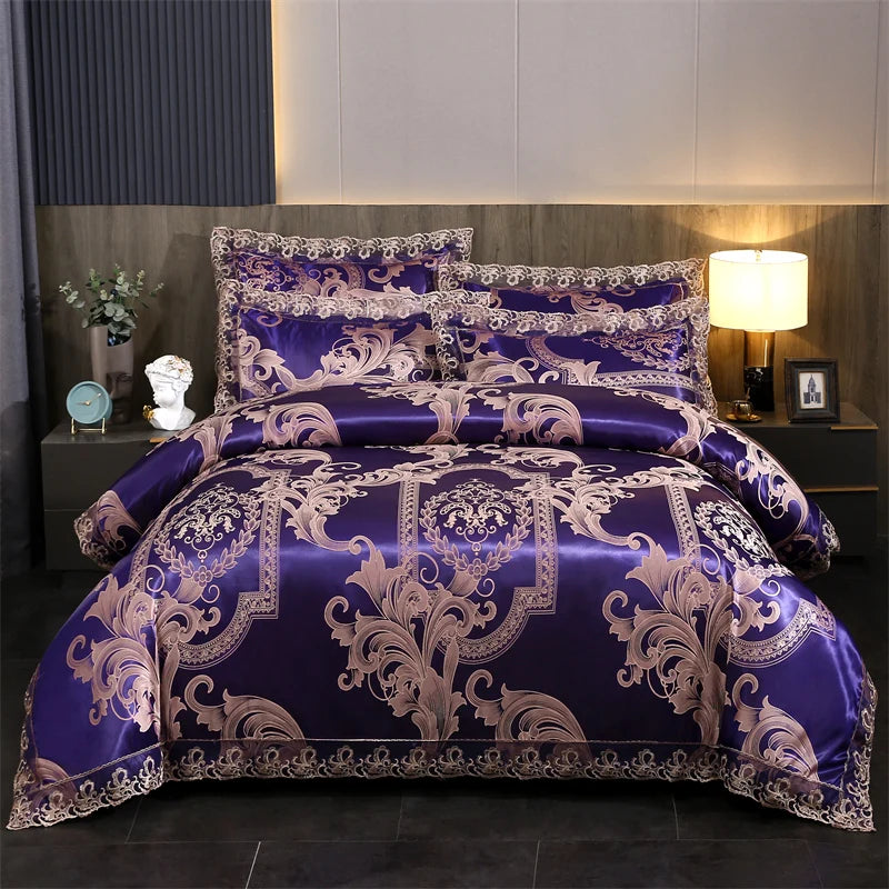 European Style Satin Jacquard Lace 100% Polyester Four-piece Bedding Set Sheet Set