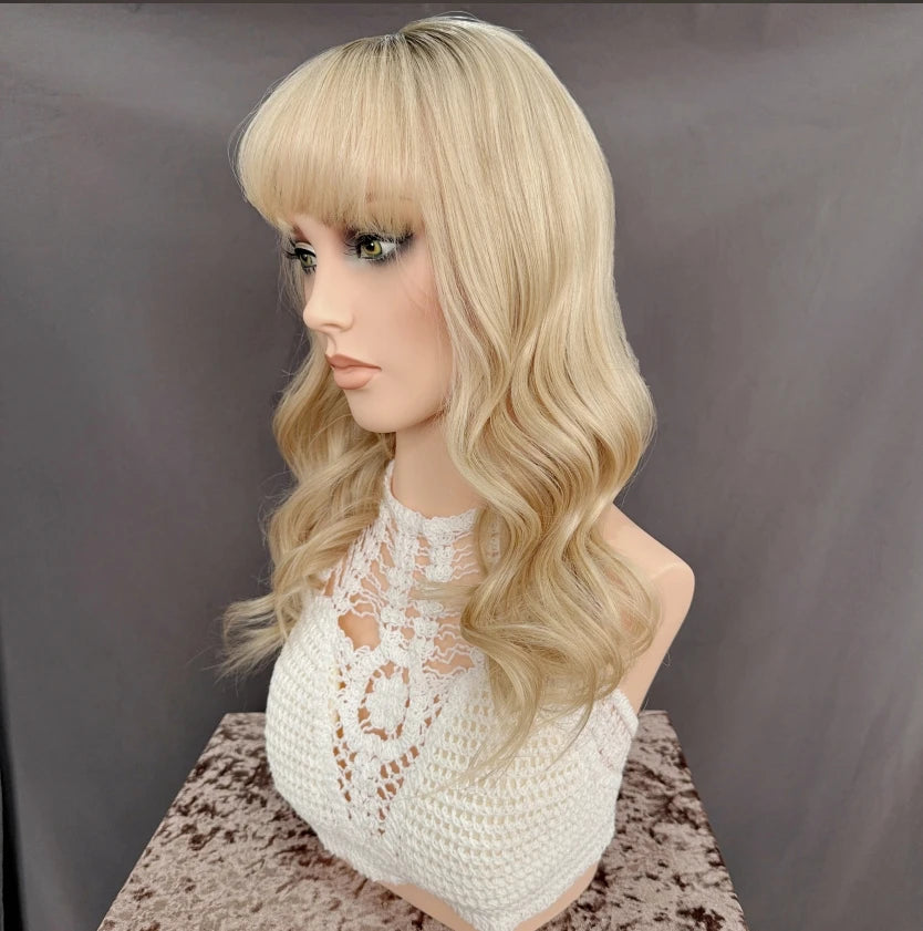 European Blonde Virgin Human Hair Topper with Bangs Cuticle Aligned Clip in Hair Pieces Jewish Kosher Topper Silk Base Topper