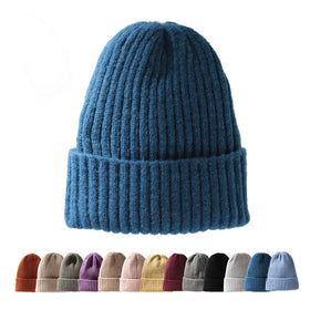 Solid Color Custom Embroidery Logo Rib Winter Thick Knitted Hats Autumn and Winter Warm Fleece Acrylic Beanies Knitted Hats