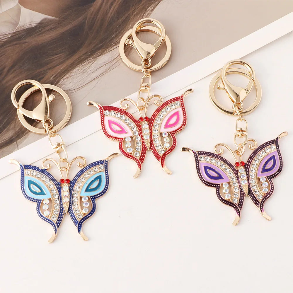 Wholesale Gold Plated Rhinestone Butterfly Key Ring Holder Colorful Enamel Butterfly Key Chain Accessories