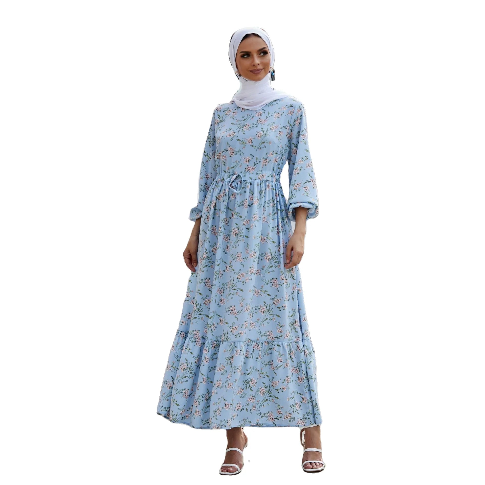 Modern 2022 Summer Maxi Dress for Women New Floral Chiffon Abaya Gown Belted Long Sleeves Party Style Dubai Turkey Inspired
