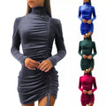 High Neck Bodycon Elegant Drawstring Winter Velvet Dress Women Long Sleeve Fall Clothes Ladies Short  Party Clubwear Dresses