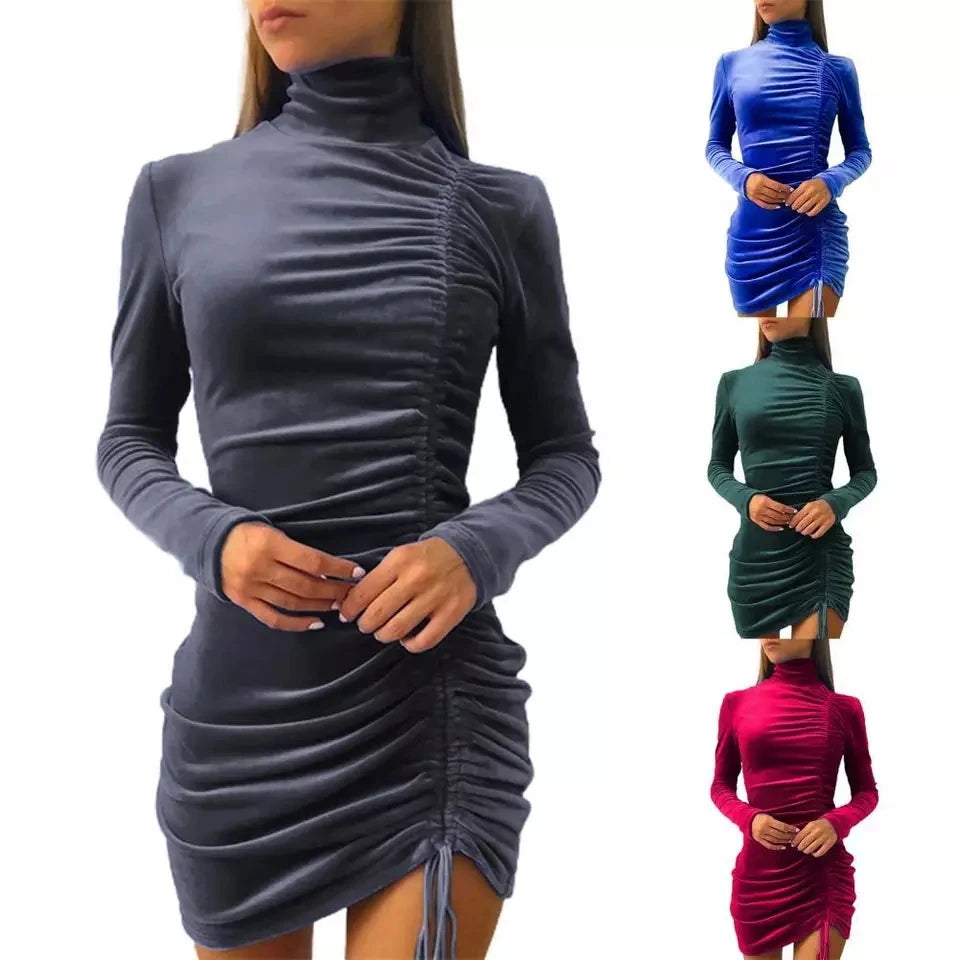 High Neck Bodycon Elegant Drawstring Winter Velvet Dress Women Long Sleeve Fall Clothes Ladies Short  Party Clubwear Dresses