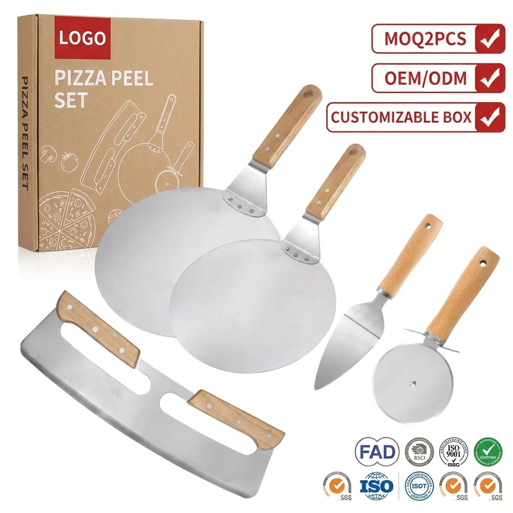 Manjia Hot Sale Stainless Steel Pizza Peel Manufacturer Pizza Peel Pizza Cutter with Wooden Handle Transfer Spatula