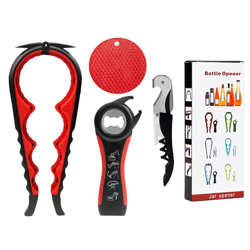 Gift Packing 4 Pieces Bottle Opener Set 5 in 1 Multi Function Red Black Bottle Opener Lid Opener for Arthritic Hands