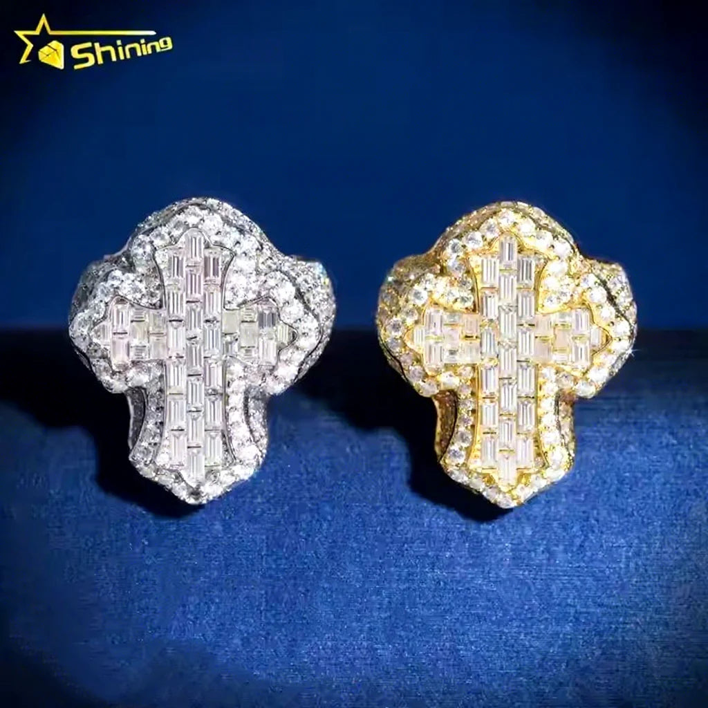 Hip Hop Fashion Iced Out Vvs Moissanite Cross Engagement 925 Sterling Silver Men Diamond Ring