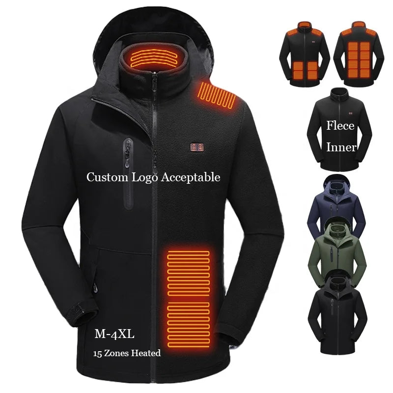 Men's 3-in-1 Thick Fleece Lined Heated Ski Jacket 15 Zones Windproof Solid Pattern Winter Wear Rechargeable Battery Not Included