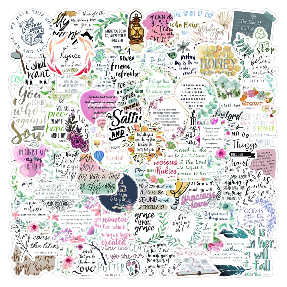 100pcs Bible Inspirational Words Graffiti Wholesale Decorative Sticker Packs for Laptop Skateboard Notebook Cup Bottle Luggage