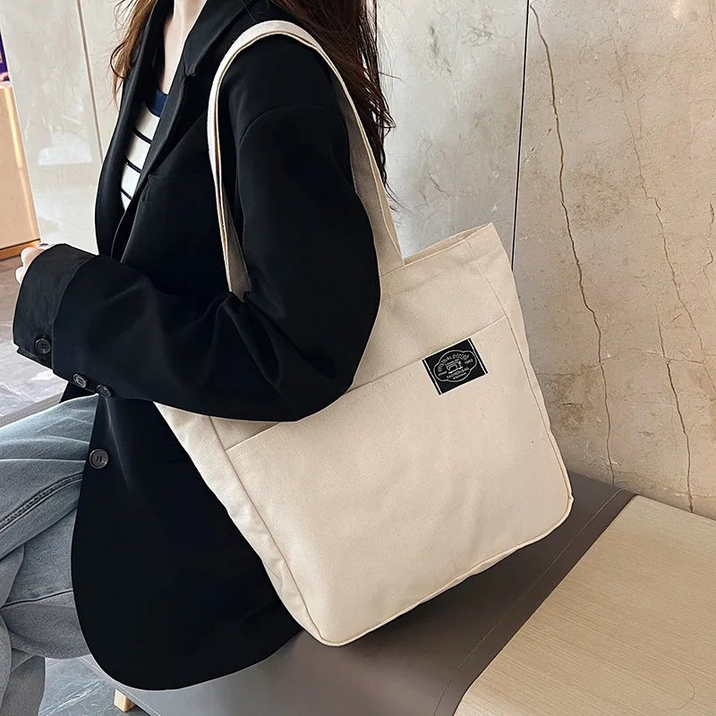 Large Capacity Organic Cotton Canvas Tote Bag Solid Color Casual Handbag Shoulder Bag Cotton Shopping Beach Bag for Women