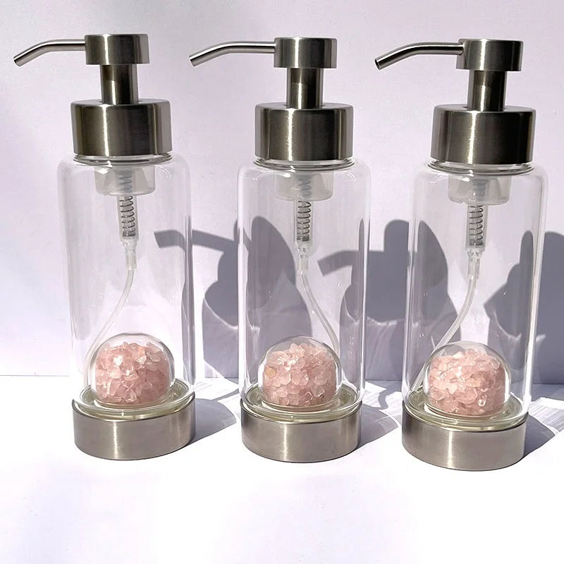 New Product Wholesale Separate Bottle Natural Rose Quartz Gravel Glass Bottle for Shampoo Energy Crystal Bathroom Decoration