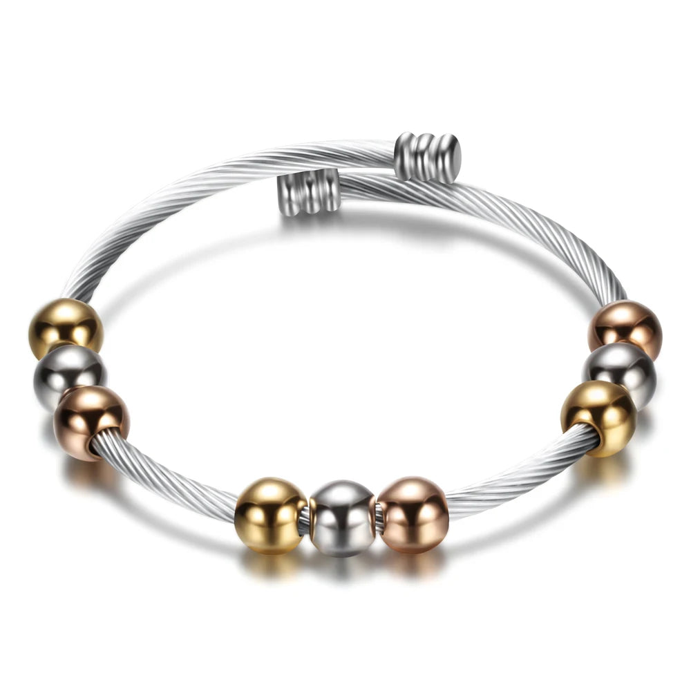 New Arrival Cuff Bracelet Spring Wire Line Colorful Beads Cross Stainless Steel Cable Stretch Bracelet for Women