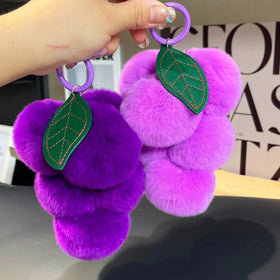 Creative Fur Ball Pom Pom Key Chain Rabbit Grape Bunch Fruit Keychain for Bag Decoration Plush Key Ring