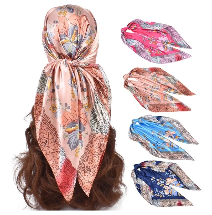 Custom Digital Printed Satin Imitate Silk Twill Hair Scarf Designer Wholesale Soft Satin Head Bandanas for Outdoor Scenes