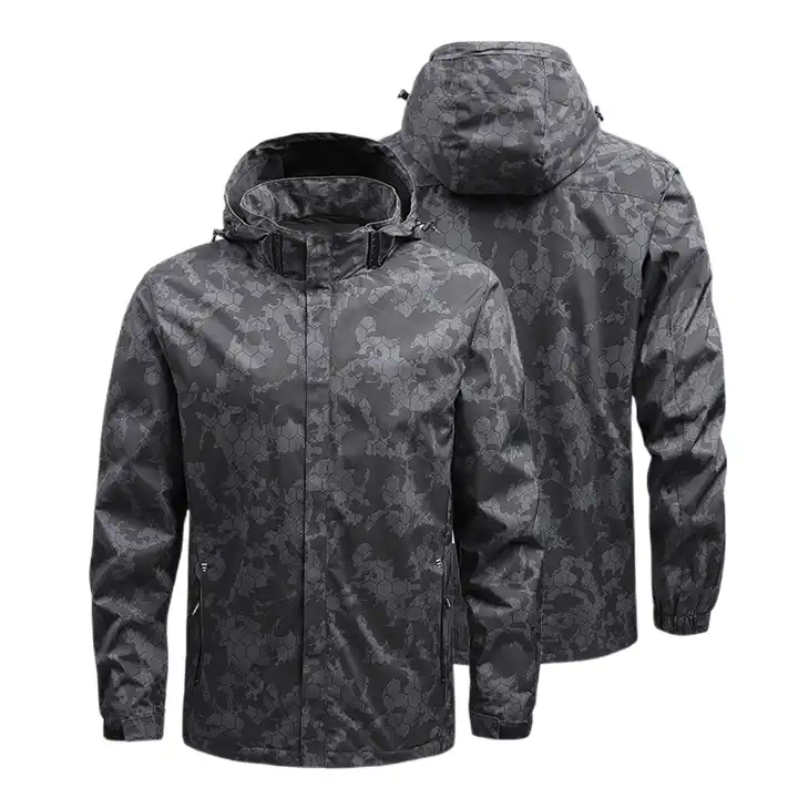 High Quality Men's Hooded Windbreaker Jacket Custom Logo Autumn Windproof Zipper Vintage Camo Pattern Outdoor Jacket