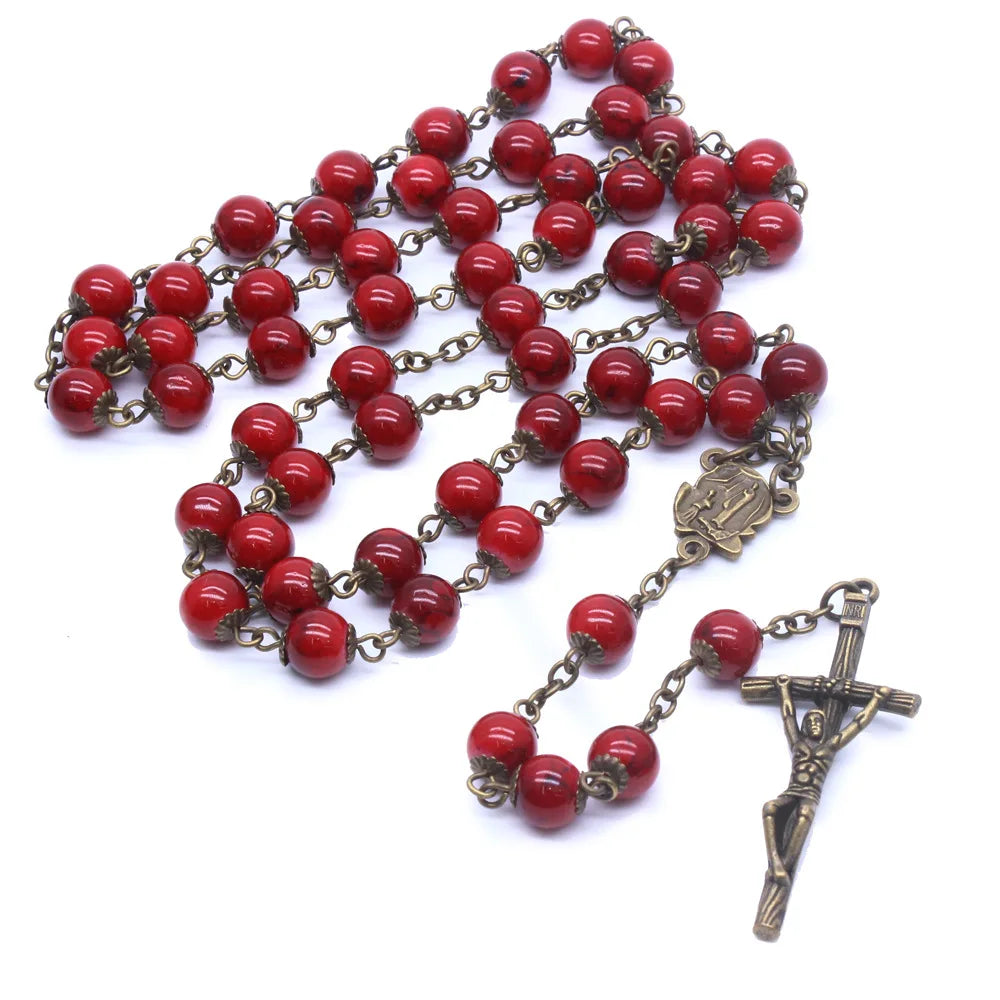 Christmas Gifts Catholic Christian Ancient Bronze Rosary Antique Cross Jewelry Vintage Red Glass Bead Rosary Necklace