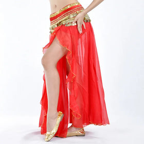 Sexy One Sided High Slit Gold Edged Chiffon Half Long Skirt Belly Dance Performance Bottom for Women