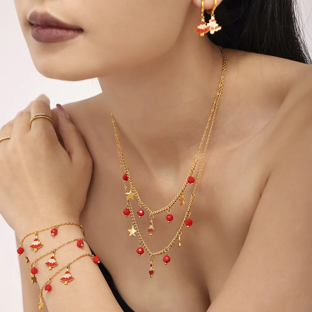 Christmas Multi Layered Necklace Choker Stainless Steel Merry Christmas Pendant Necklace Bracelet Earrings Set for Women